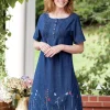 Embroidered Denim Pintuck Dress