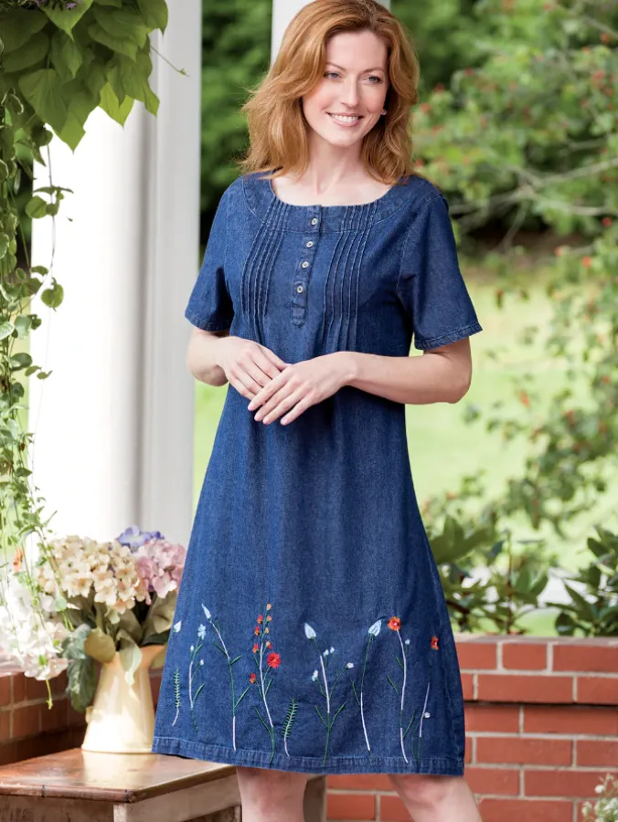 Embroidered Denim Pintuck Dress
