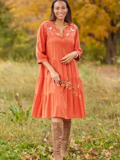 Embroidered Leaves Tiered Crinkle Cotton Dress