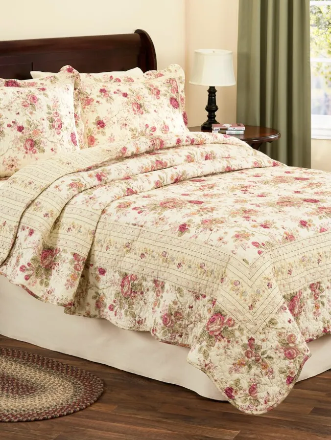 Everlasting Rose Reversible Cotton Quilt and Pillow Sham Set
