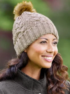 Faux Fur Pom-Pom Cable Knit Hat