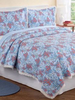 Floral Cotton Quilt or Pillow Sham With Crochet Lace Border