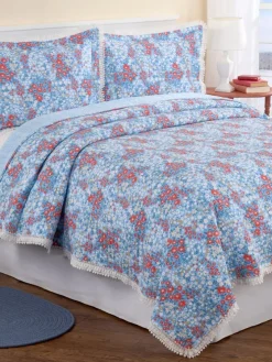 Floral Cotton Quilt or Pillow Sham With Crochet Lace Border