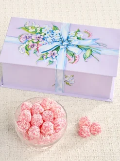 Floral Ribbon Candy Tin With Strawberry Fields Nonpareil Sparkle Drops