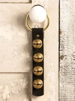 Four Brass Sleigh Bell Leather Strap Door Hanger