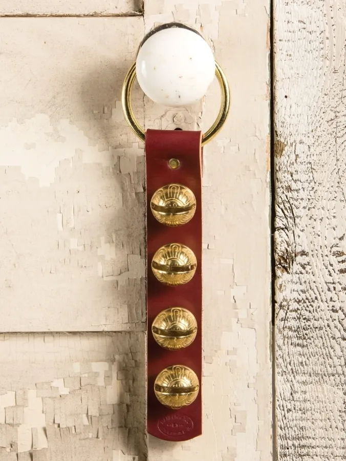 Four Brass Sleigh Bell Leather Strap Door Hanger