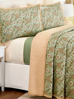 Garden Blooms and Gingham Reversible Cotton Voile Quilted Bedspread or Pillow Sham