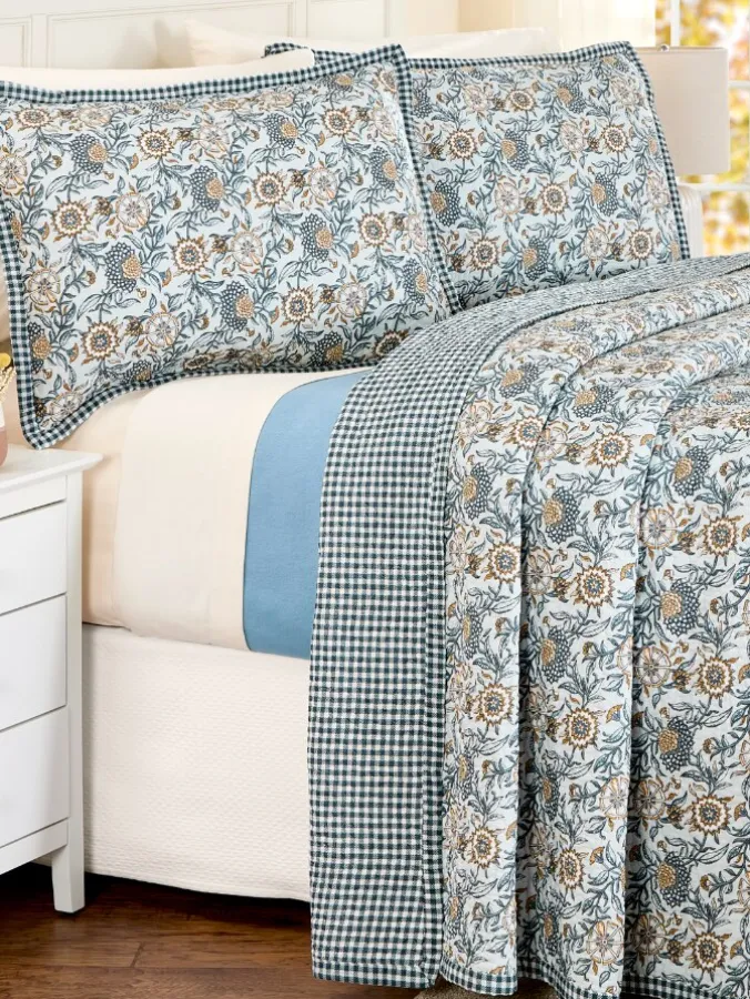 Garden Blooms and Gingham Reversible Cotton Voile Quilted Bedspread or Pillow Sham