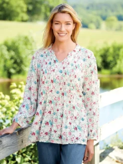 Garden Floral Pintuck Gauze Top