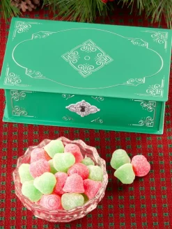 Green Filagree Christmas Tin With Fruit Jelly Bells Candy