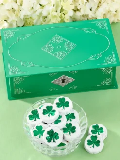 Green Filigree Tin With Milk Chocolate Foiled Shamrock Discs