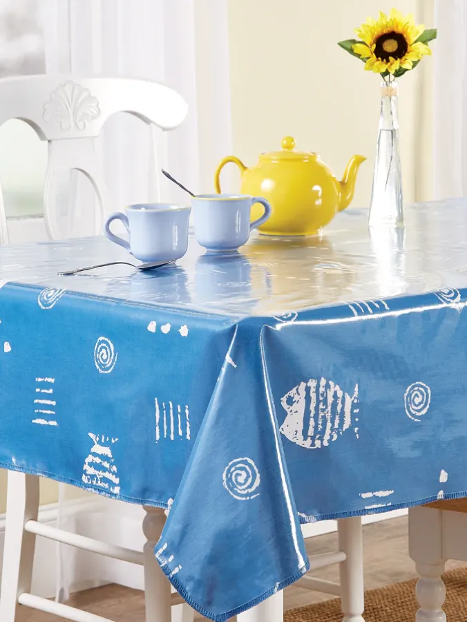 Heavy-Duty Printed Oilcloth Tablecloth in Rock Fish Blue