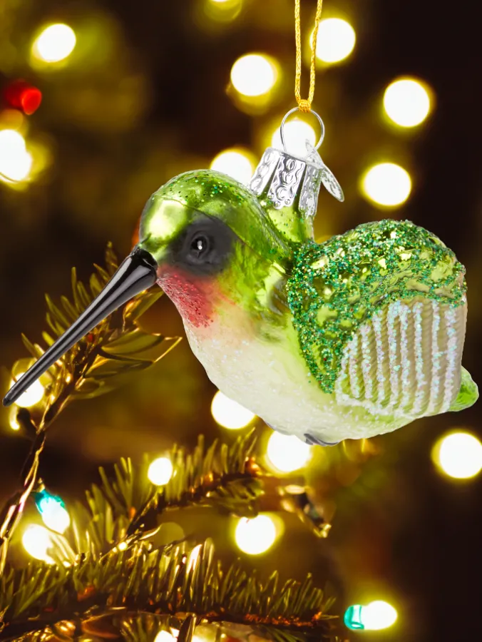 Hummingbird Blown-Glass Christmas Ornament