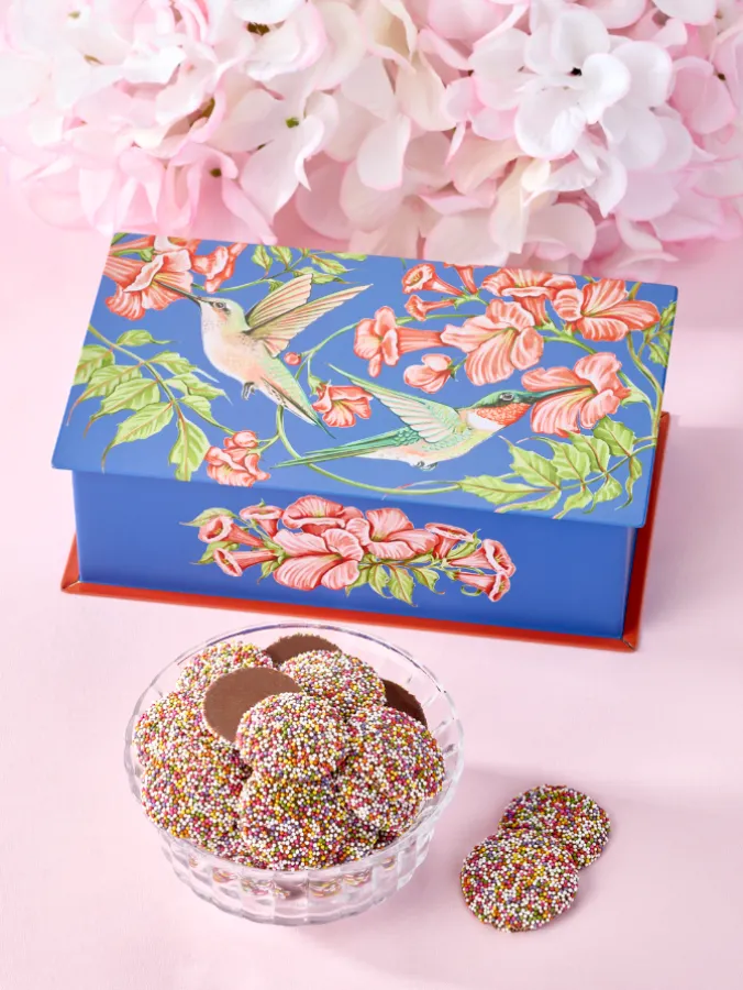 Hummingbird Tin With Guittard Milk Chocolate Nonpareils
