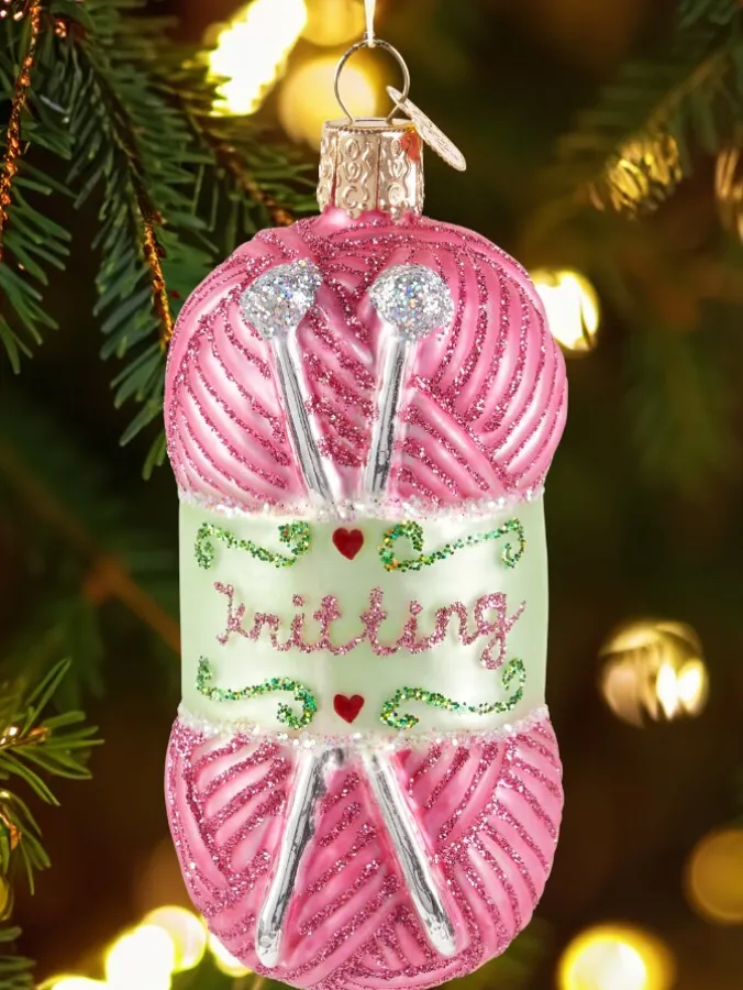 Knitting Needles and Yarn Blown-Glass Christmas Ornament