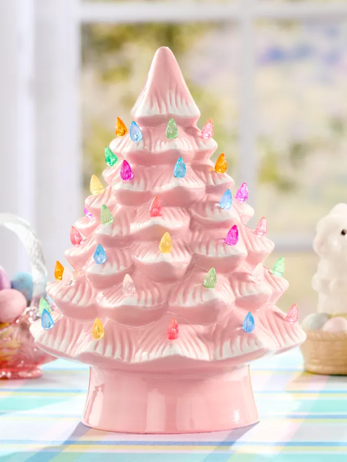 Lighted 12 Inch Pink Ceramic Holiday Tree