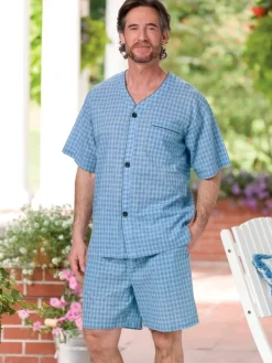 Men's Blue Madras Plaid Cotton Short Pajamas