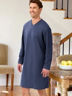 Men's Comfort Knit V-Neck Long-Sleeve Cotton Nightshirt