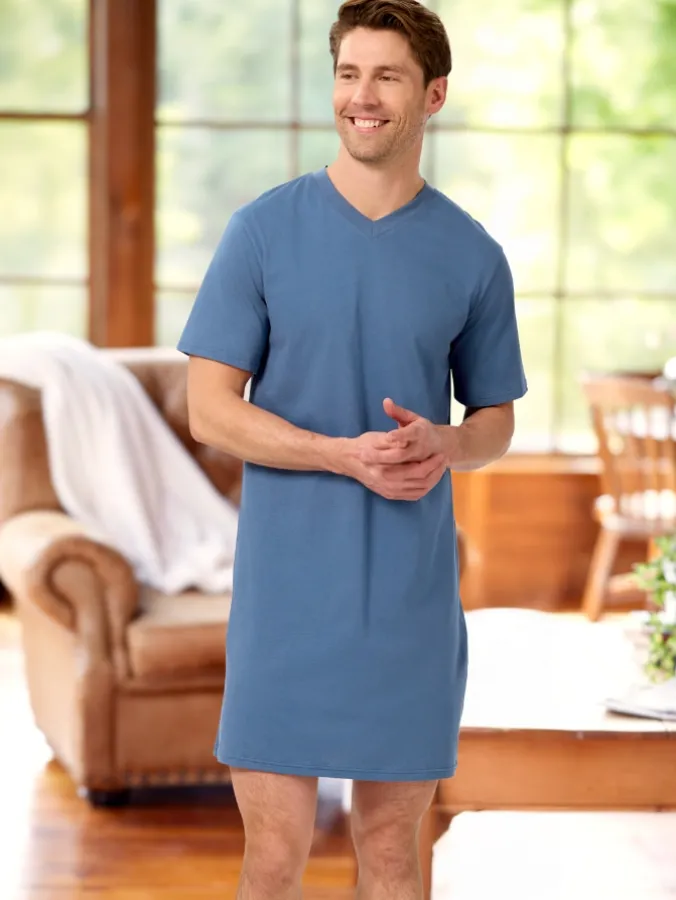 Men's Comfort Knit V-Neck Short-Sleeve Cotton Nightshirt