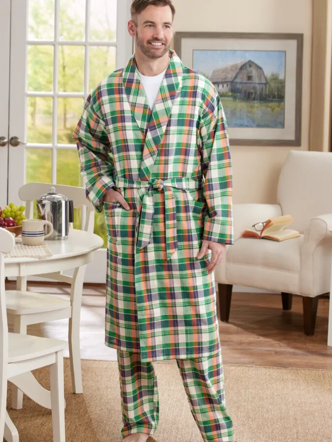 Men's Green Madras Plaid Cotton Wrap Robe