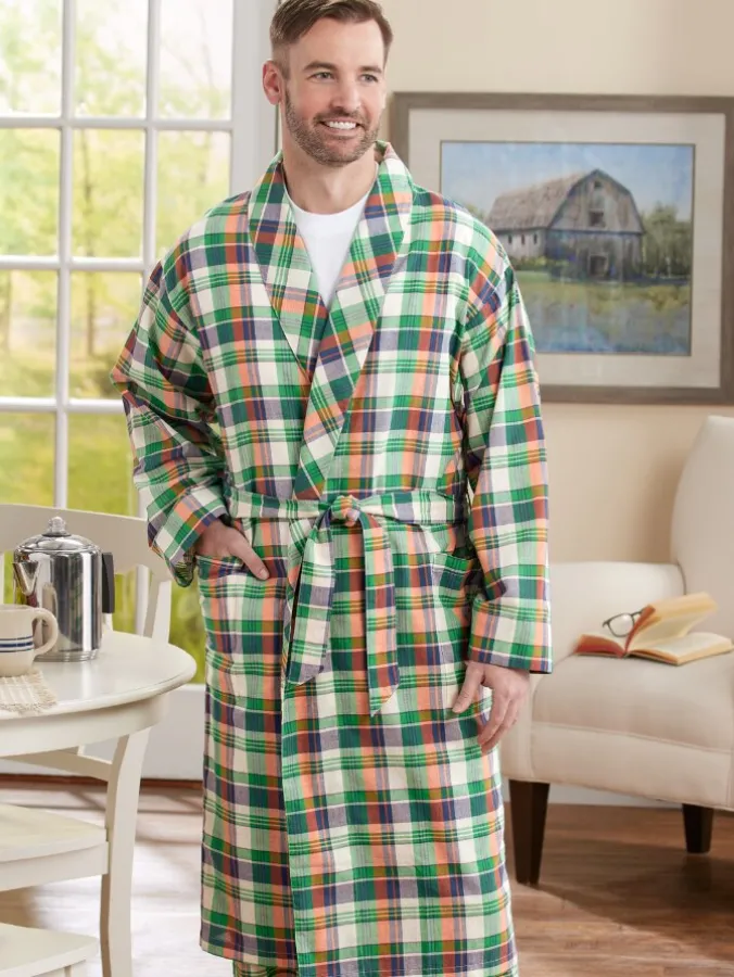 Men's Green Madras Plaid Cotton Wrap Robe