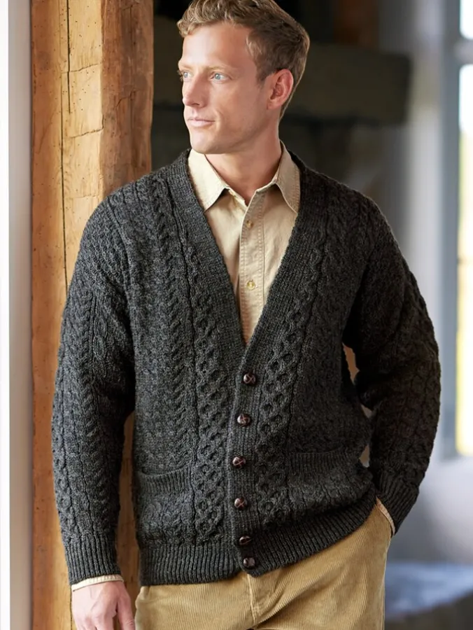 Men's Irish Wool Button-Front V-Neck Cardigan Sweater