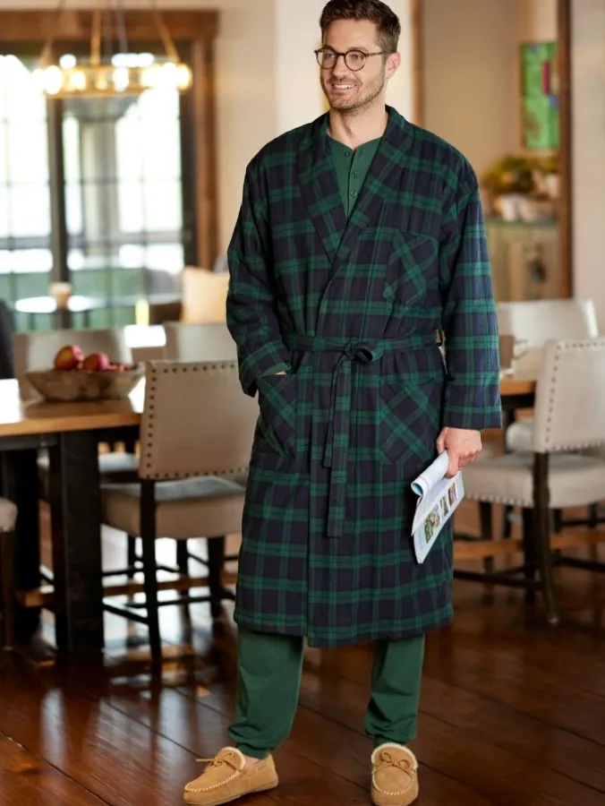 Men's Sherpa-Lined Portuguese Cotton Flannel Wrap Robe