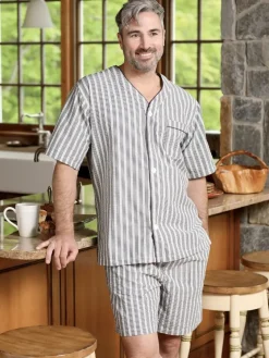 Men's Striped Cotton Seersucker Short Pajama Set