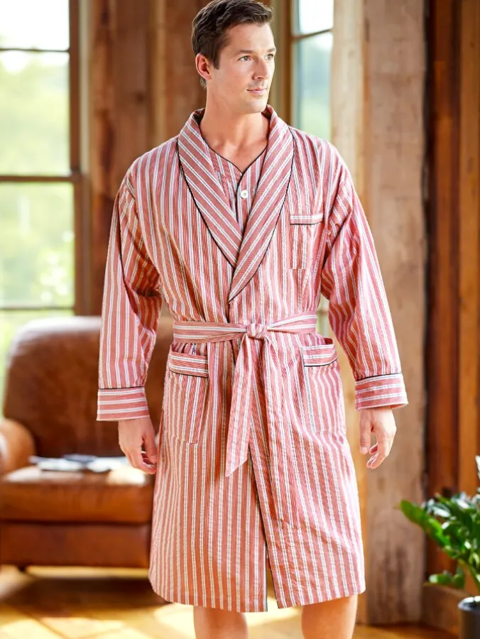 Men's Striped Cotton Seersucker Robe