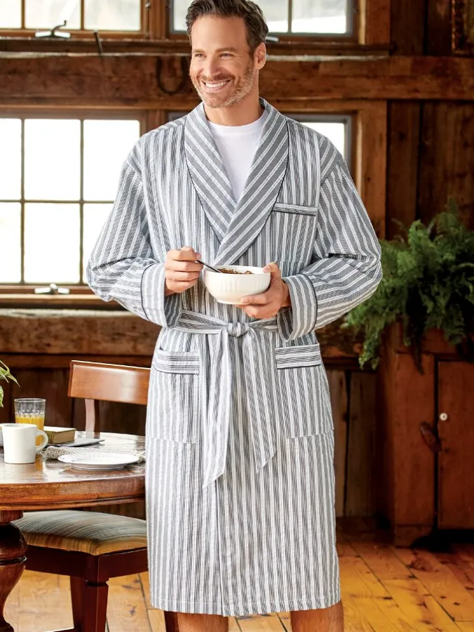 Men's Striped Cotton Seersucker Robe