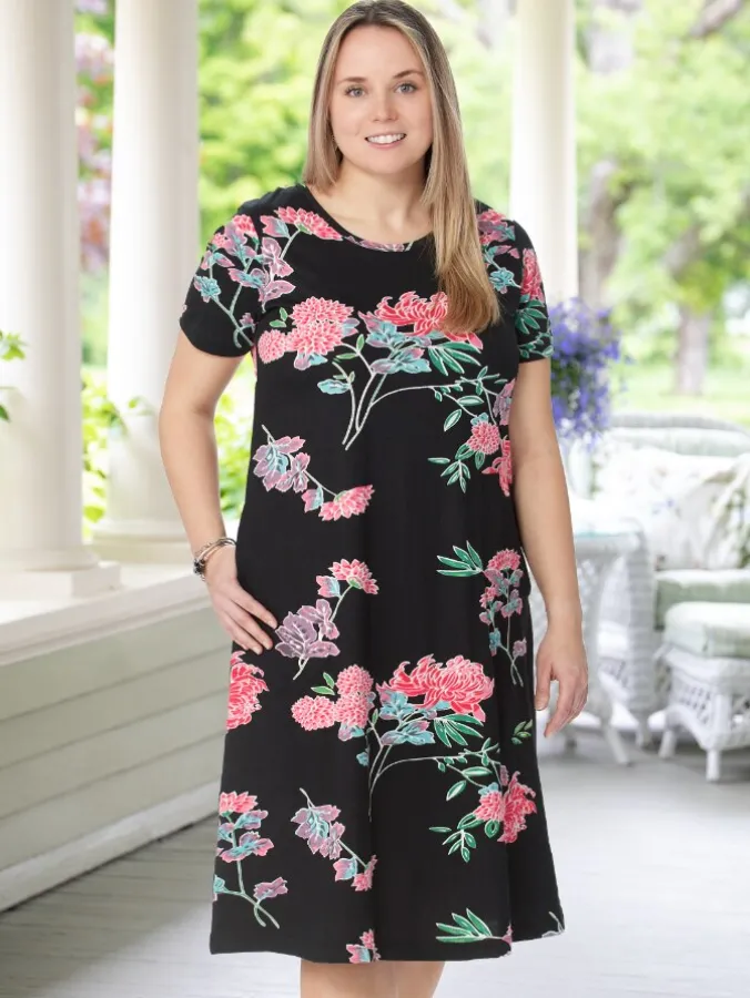 Midnight Rose Cotton Knit A-Line Dress
