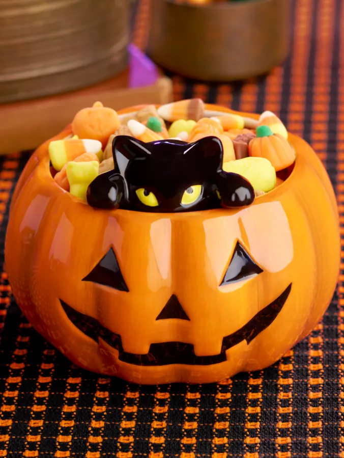 Midnight the Black Cat and Jack O'Lantern Ceramic Halloween Bowl