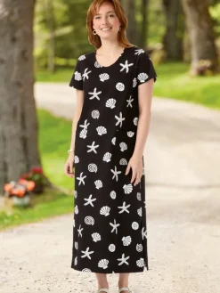 M.MAC® Pearly Seashells Cotton Knit Ankle-Length Dress With Pockets