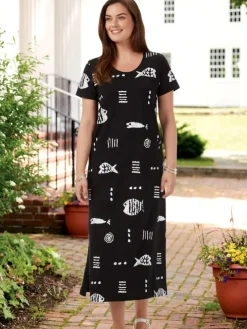 M.MAC® Rock Fish Ankle-Length Cotton Knit Dress With Pockets