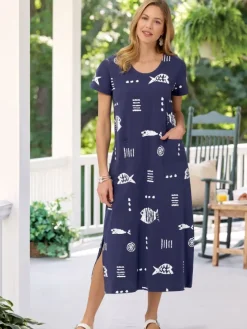 M.MAC® Rock Fish Ankle-Length Cotton Knit Dress With Pockets