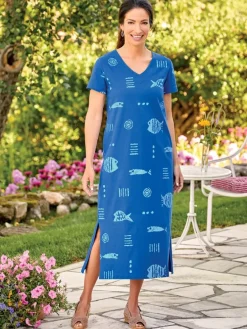 M.MAC® Rock Fish Ankle-Length V-Neck Cotton Knit Dress