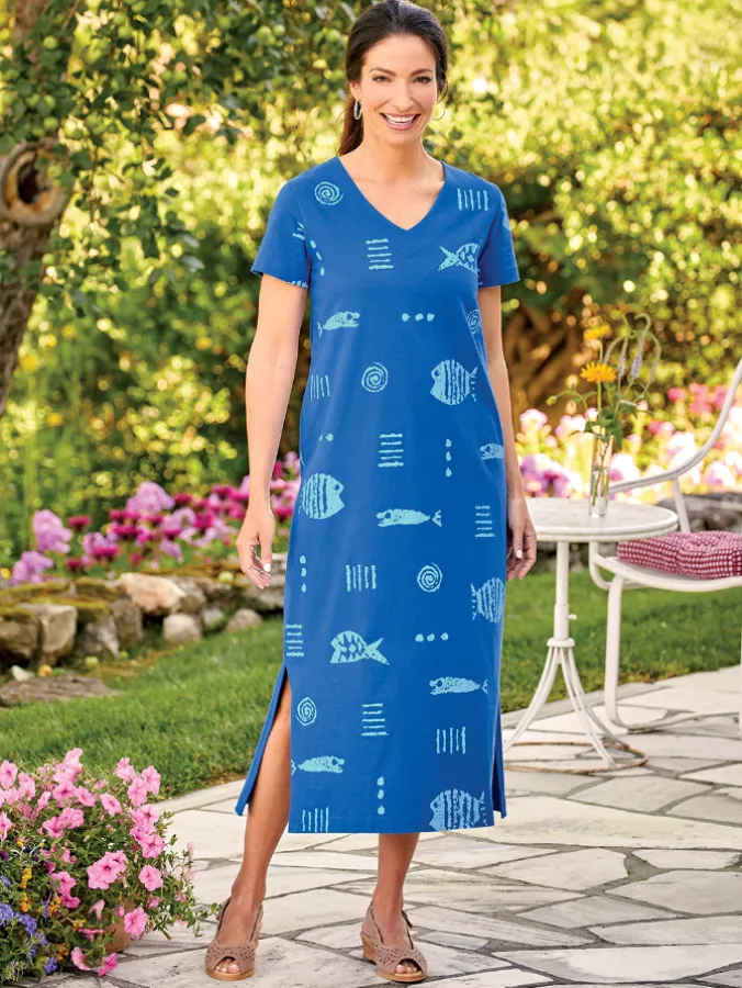 M.MAC® Rock Fish Ankle-Length V-Neck Cotton Knit Dress