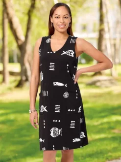 M.MAC® Rock Fish Knee-Length Sleeveless Cotton Knit Dress With Pockets