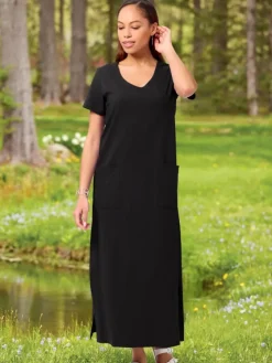 M.MAC® Solid Ankle-Length Cotton Knit Dress With Pockets