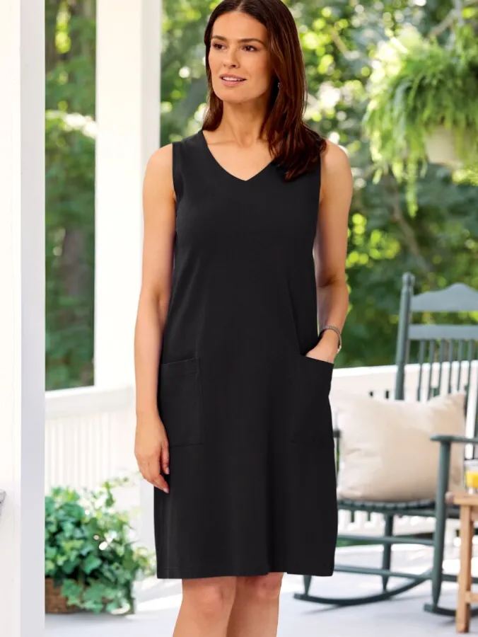 M.MAC® Solid Knee-Length Sleeveless Cotton Knit Dress With Pockets