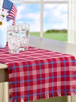 Mountain Weavers Hartland Patriotic Plaid Weave Cotton Table Runner, 14 Inch Wide