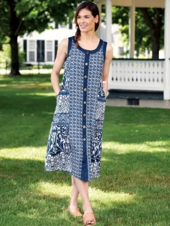 Navy Dreams Sleeveless Button-Front Rayon Dress