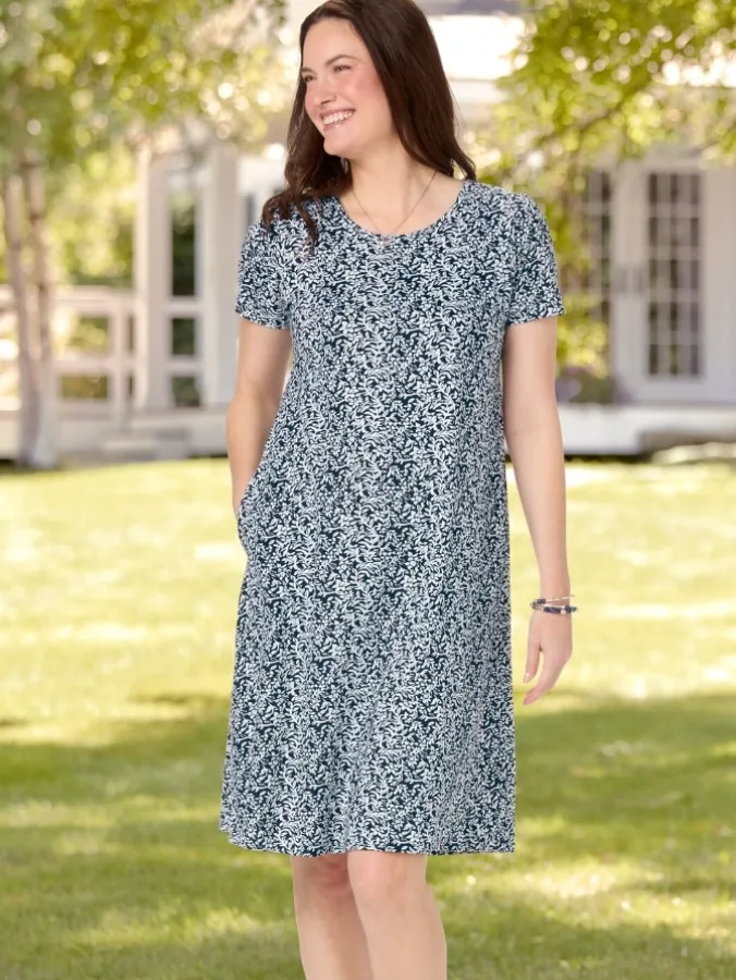 Navy Floral Cotton Knit A-Line Midi Dress