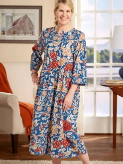 Notch-Neckline Floral Muumuu With 3/4 Sleeves