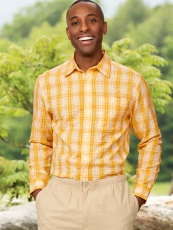 Orton Brothers Open Collar Yellow Plaid Seersucker Shirt, Long Sleeve