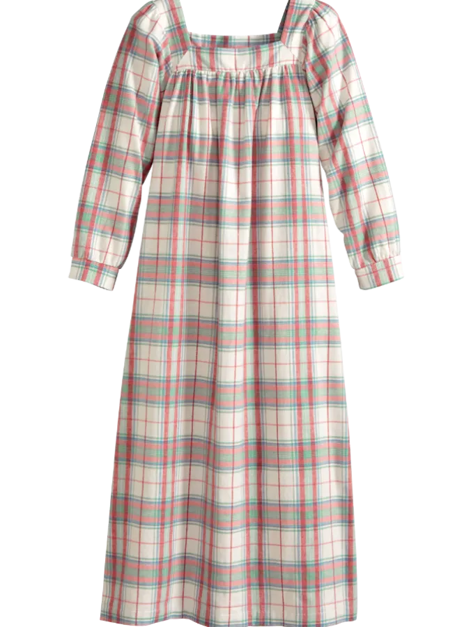 Pastel Plaid Cotton Flannel Square-Neck Nightgown