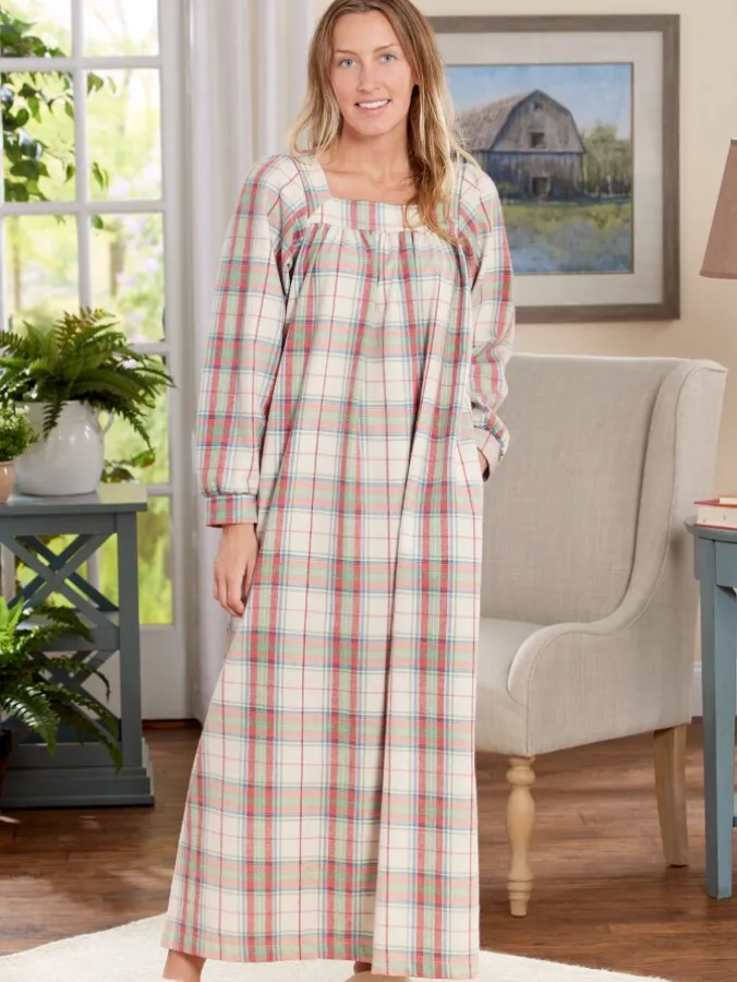 Pastel Plaid Cotton Flannel Square-Neck Nightgown