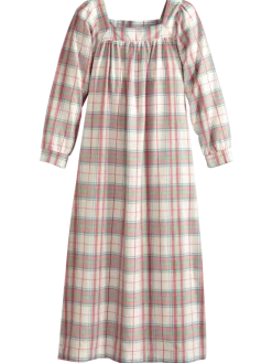 Pastel Plaid Cotton Flannel Square-Neck Nightgown