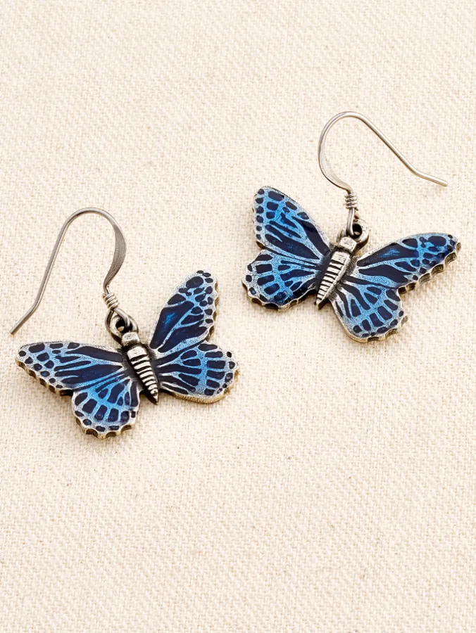 Pewter Blue Butterfly Drop Earrings