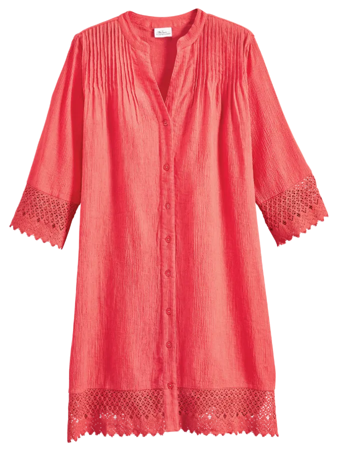 Pintuck and Lace Gauze Cover-Up Tunic